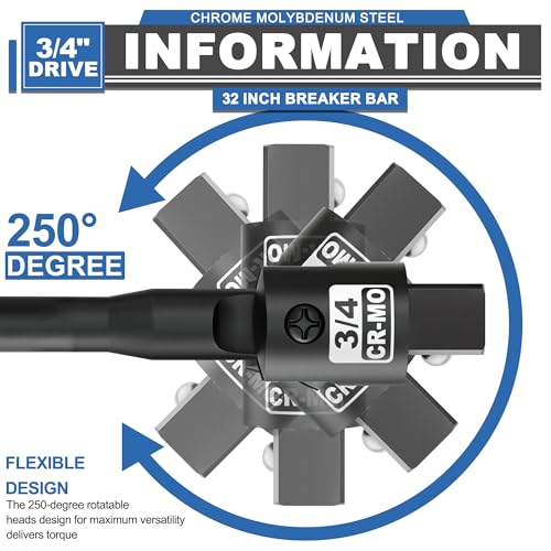 Image of 3 /4 inch Drive 32 Inch Breaker Bar, Heavy Duty Head, Premium Chromium-Molybdenum Steel, Laser Etched Marking, for Loosen Rusted, Stubborn, Stuck Nuts and Bolts