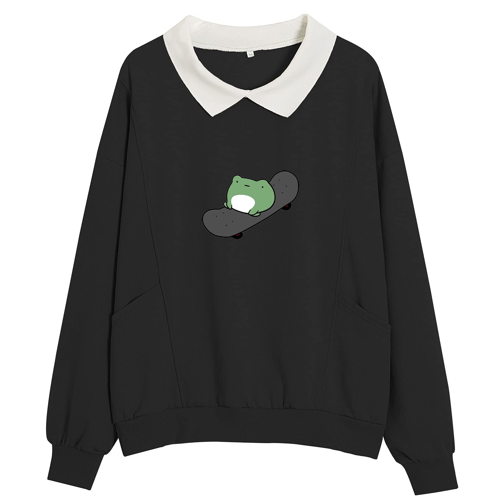 WrenpiesFrog Skateboarding Casual Sweatshirt Women's Pullover Long Sleeve Turn Down Collar with Pocket Tops for Teen Girls