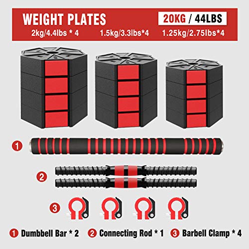 ER KANG 3 in 1 Adjustable Dumbbell Set, 44 LBS Free Weights Dumbbells with Connecting Rod, Lifting Dumbbells Used As Barbell, Push Up Bar for Home Gym, Whole Body Workout, Ship from The USA - Thumbnail 3