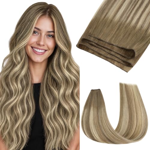 Image of GOO GOO Genius Weft Hair Extensions Human Hair, Sew In Extensions Rooted Remy Weft, #8E /61 /8E Caramel Latte Mocha with Ash Blonde Highlights 24 Inch 60g, Natural Hand Tied Straight Silky