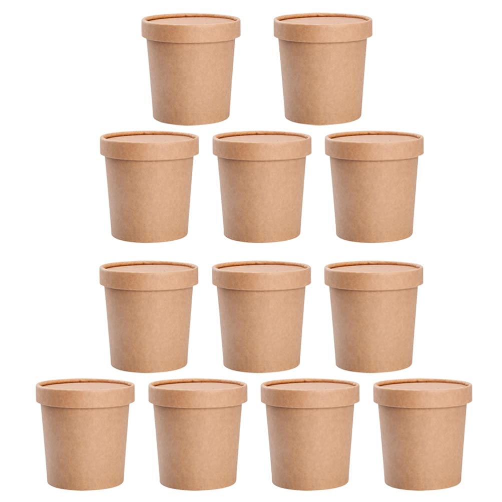 DOITOOL 25 Sets Cowhide Soup Cup paper mousses cups togo containers for food containers with lids Sundae Cups yogurt parfait containers Dessert Cups With Lids kraft paper sampling cup pulp