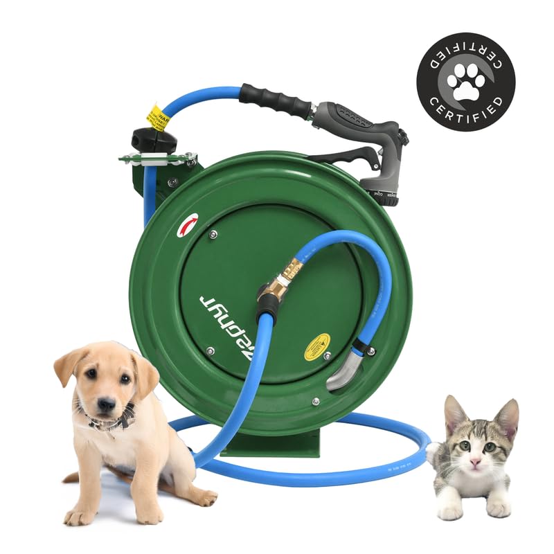 Image of Zephyr Auto-Retractable Garden Hose Reel | Heavy-Duty | Made in India | w / in x 50ft Zephyr Hose and HD Spray Gun - Green