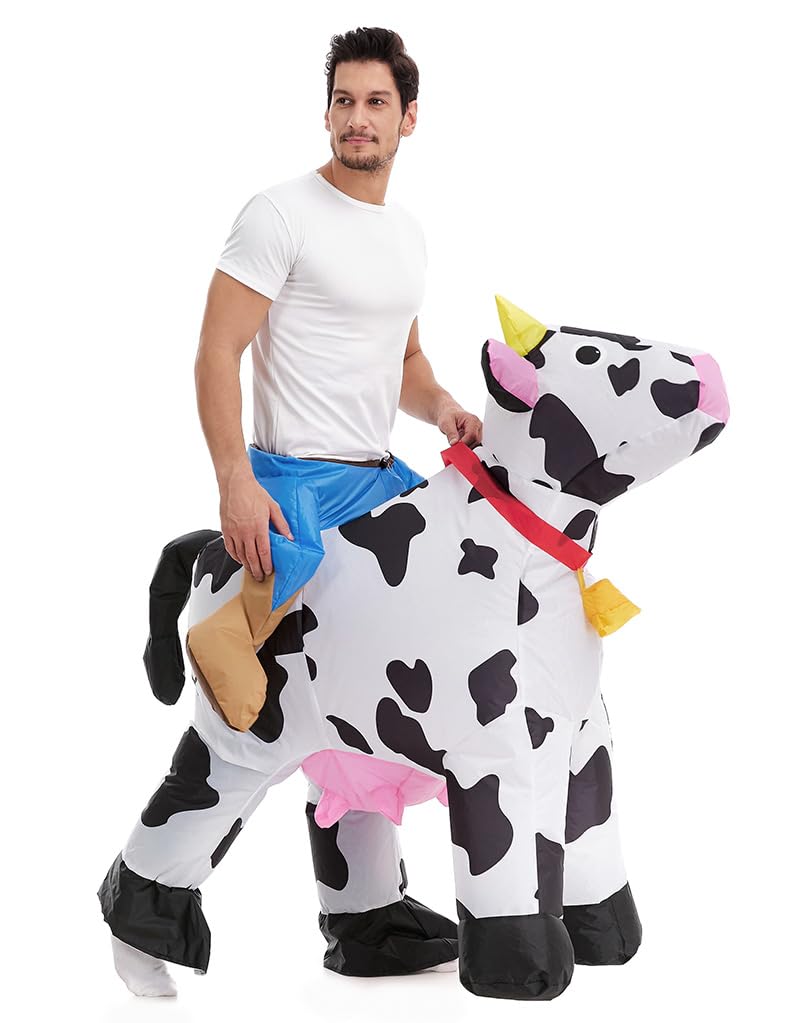 HSCTEK Inflatable Cow Costume Adult Men Women, Blow up Ride on Animal Cosplay Teen, Riding Halloween Rider Clothes Plus