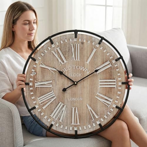 Image of EMAX HOME 24 Inch Large Farmhouse Wall Clock, Rustic Antique Wood with Metal Circle and Large Engraved Numerals, Silent Battery Operated Wall Clock for Office Kitchen Bedroom Living Room