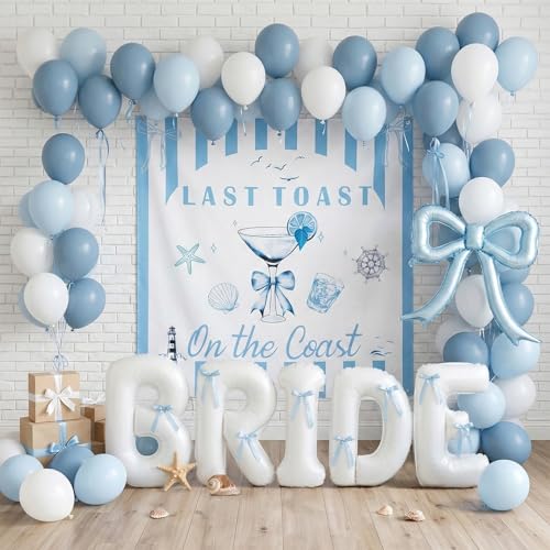 Last Toast on the Coast Bachelorette Decorations Blue bridal shower Balloon Garland Kit with 1.5m Backdrop Huge 40 inch BRIDE letter balloons for Hen Party Wedding Engagement supplies