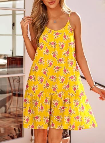 Image of Dokotoo Summer Dresses for Women 2026 Spaghetti Strap Sexy Deep V Neck Smocked Ruffle Flowy Boho Dresses