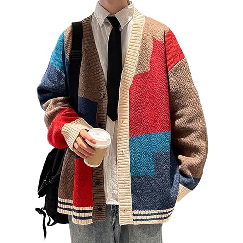 Men's Color Block V Neck Outdoor Sweater Cardigan Stylish Knitted Sweater Button Up Loose Fit Sweaters