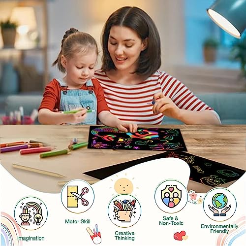 Image of SEREBRUM A4 Size Scratch Art Books for Kids,Rainbow Magic Scratch Paper Black Scratch it Off Art Crafts Notes Boards Sheet with Wooden Stylus - Pack of 1