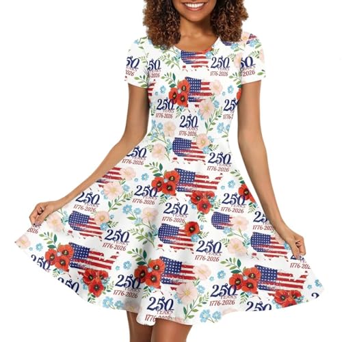 Image of POLERO Women Puffy Swing Elegant Party Midi Dresses Short Sleeve Round Neck A-Line Dress
