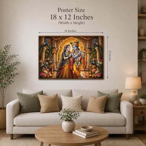 Image of Rangoli Radha Krishna Self Adhesive Poster 18x12 Inch | Divine Hindu God Wall Sticker Poster with Peacock Design for Home Temple Pooja Room Living Room Bedroom Decor