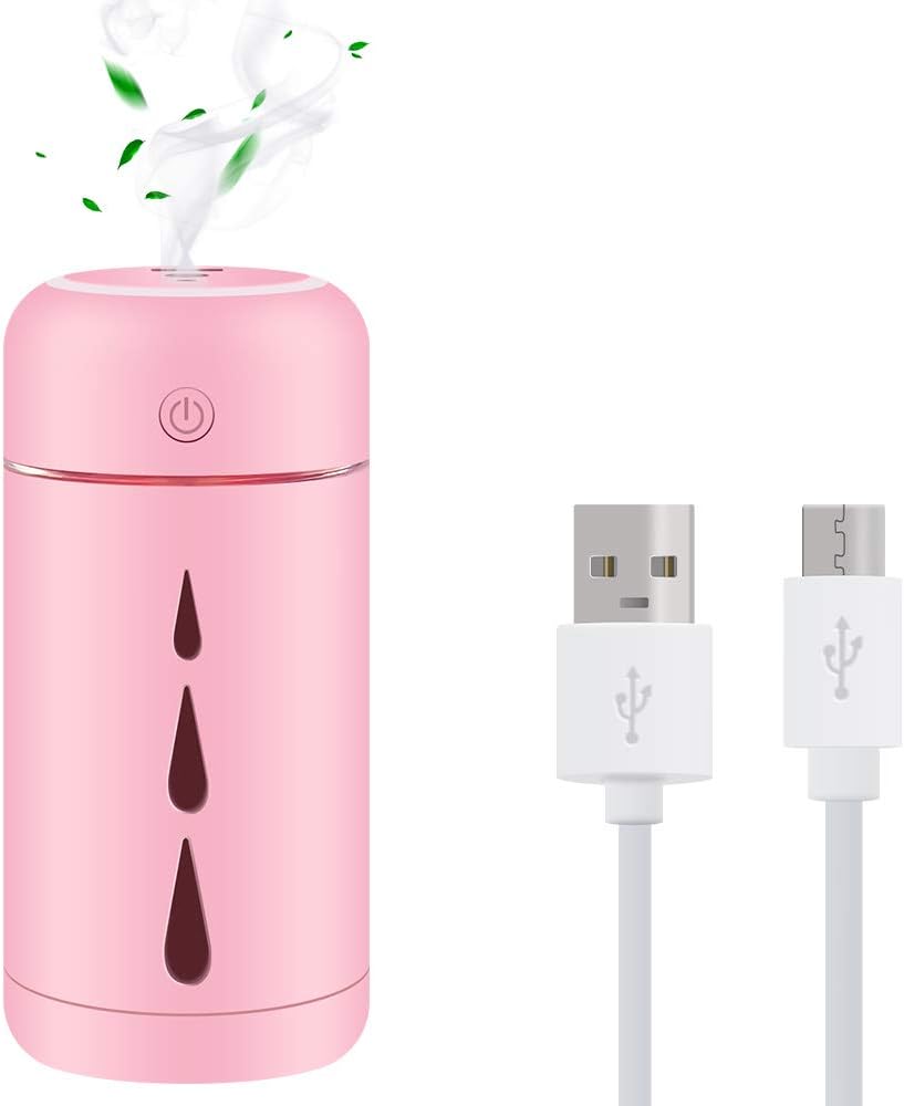 Teguangmei Humidificador Mini - 350ML Humidificador Portátil USB de Gran Capacidad,Funcionamiento Ultrasónico Silencioso,Apagado Automático/Con Luz Ambiental,Para Oficina,Coche,Bebé,Dormitorio - Rosa