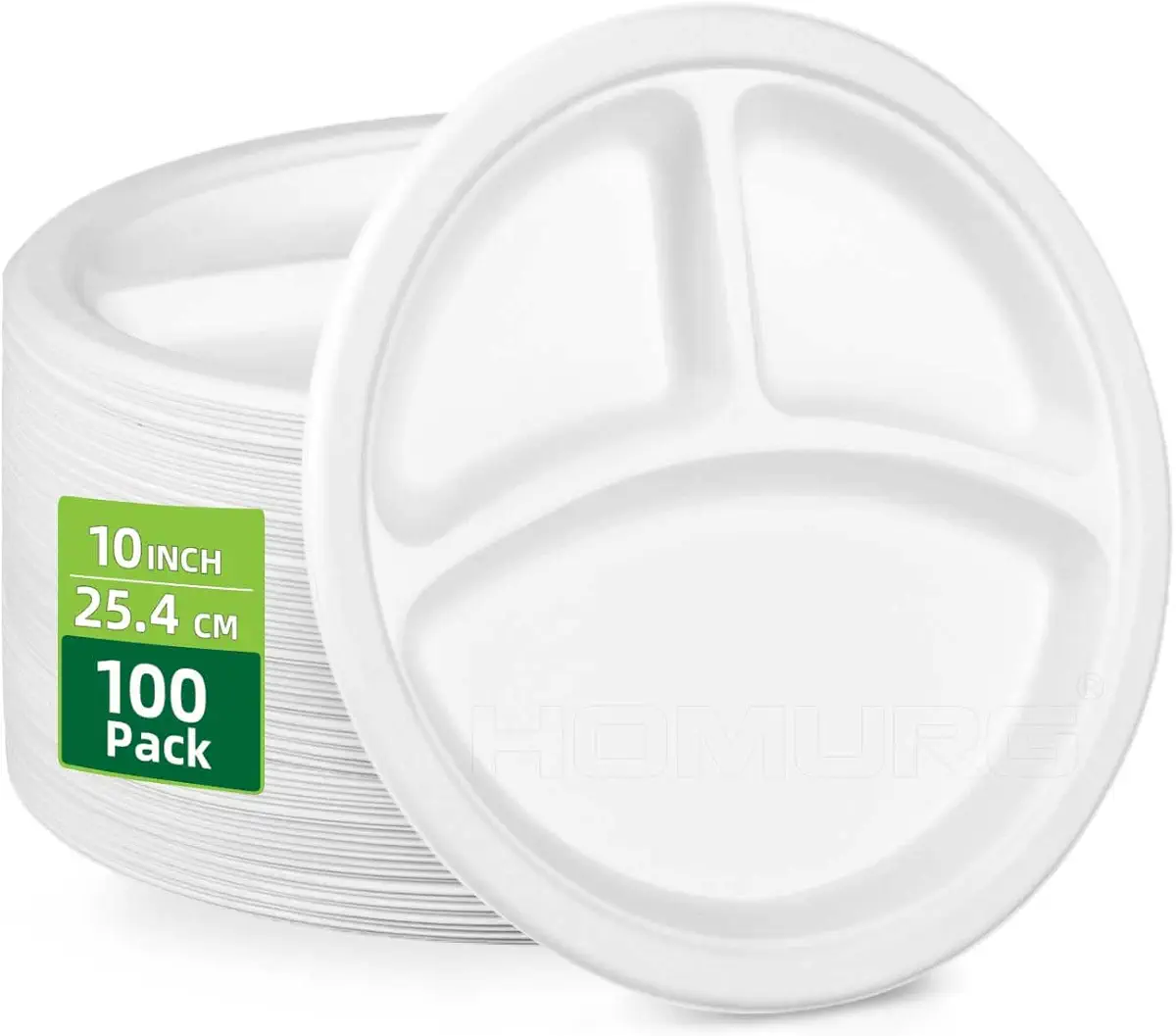 HOMURG 10” Disposable 3 Compartment Divided Paper Plates, Heavy Duty Compostable White Holiday Sectional Dinner Plates, Wedding Halloween Easter Birthday Party Plate Christmas Dishware Bulk 100 Count