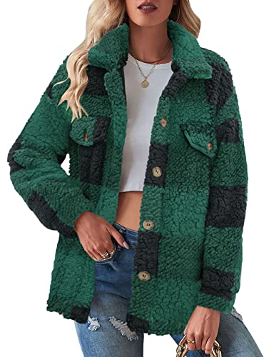 Merokeety Womens Plaid Fuzzy Sherpa Jacket Winter Warm Lapel Fleece Casual Outwear Coat With Pockets, Green, S #TOP11