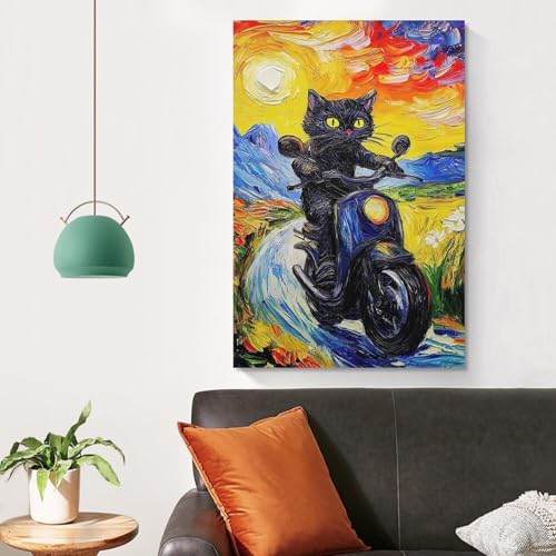 Tableau chat noir moto déco murale salon qui exprime votre liberté