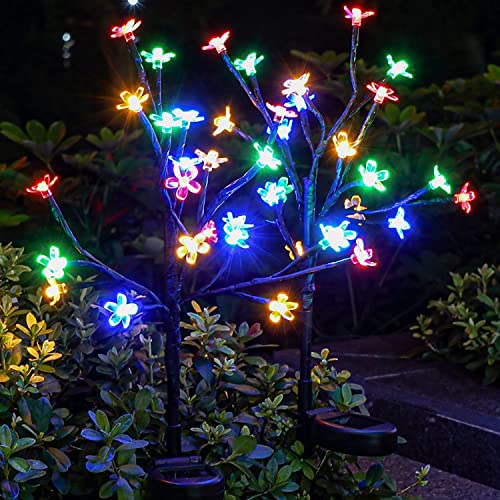 KINGCOO 2Pack Solar Flowers Lights Outdoor, Waterproof 20LED Solar Powered Cherry Blossom Tree Fairy Decorative Landscape Light for Garden Courtyard Pathway Walkway Christmas Lighting(Multicolor)