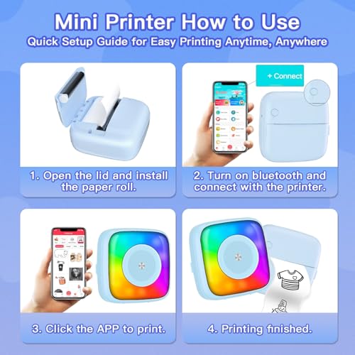 Image of Mini Printer Sticker Printer Print Pod with 6 Rolls Sticker Paper, Seven Color Lighting Modes for DIY Scrapbook, Travel, Notes, Label, Memo, Compatible with iOS&Android