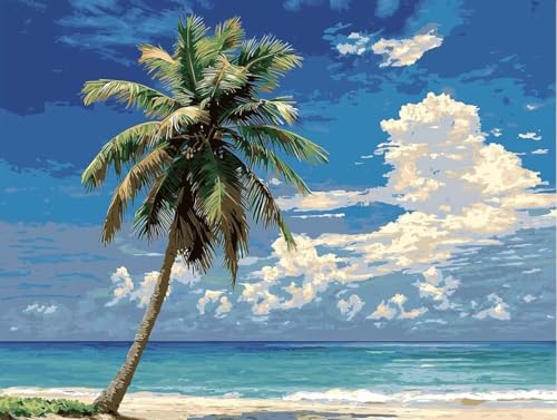 Pintar por Numeros Adultos, Manualidades Adultos Principiantes, Árbol de coco Playa Pintar por Numeros Niños, Colorear Pigmento Acrílico DIY Cuadro al óleo con Números, Regalo Decor Hogar 40x50cm H463