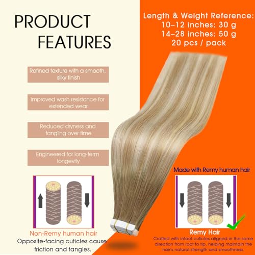 Image of Full Shine Balayage Tape in Hair Extensions Human Hair 6 /27 /60 Human Hair Tape in Extensions Seamless Tape ins Human Hair Extensions for Women PU Real Human Hair Extension 20pcs 14Inch 50g