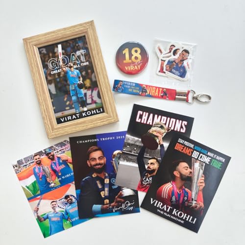 Image of TenorArts Gift Box Merchandise - 5x7 Inches Laminated Photo Frame,1 Keychain, 1 Badge, 4 4x6 inches Posters, Shapecut Stickers - 5 items in 1 Box | Perfect for Gifting Cricket Fans