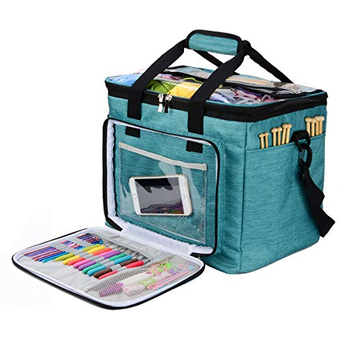 Hoshin Knitting Bag For Yarn Storage, High Capacity Yarn Totes Organizer With Inner Divider Portable For Carrying Project, Knitting Needles(up To 14”), Crochet Hooks, Skeins Of Yarn (Green)