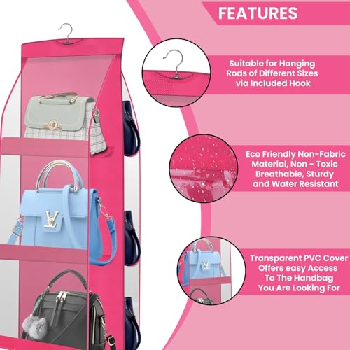 Image of Hanging Handbag Purse Organizer, Upgrade Dust Proof Purse Organizer Closet, Wardrobe Closet Organizer, Washable Handbag Organizer for Women Handbags Purse (6 Pocket 1 Pcs Pink)