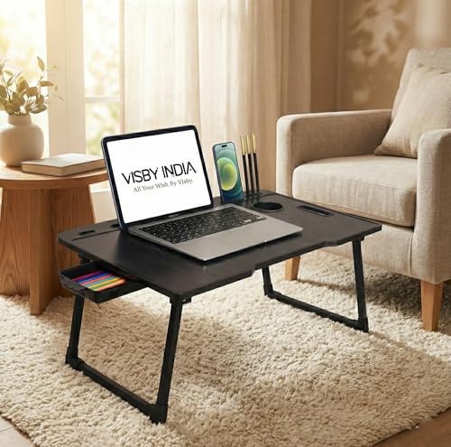 VISBY INDIA Foldable Wooden Mini Laptop Table for Bed, Study Table with Drawer, Tablet/Mobile Holder for Kids & Adults (BLACK*COTTED)