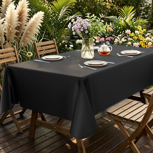 Image of Smiry Rectangle Table Cloth 60x140 Inch, Waterproof Wipeable Vinyl Tablecloths Protector, Oil Spill Proof Plastic Table Cover for Dining, Picnic, Camping, Outdoor, Black