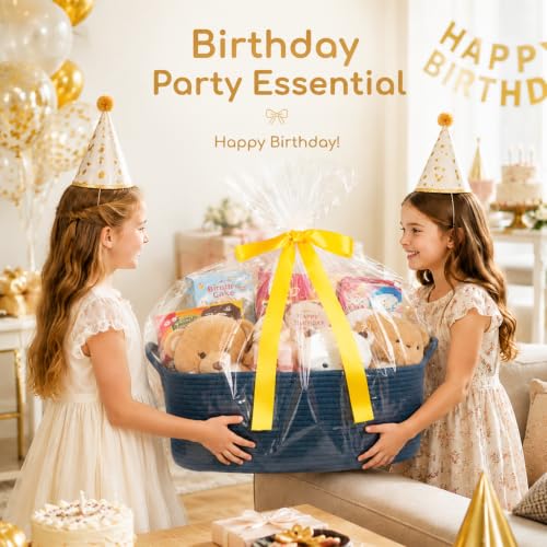 Image of OIASKET Large Empty Cotton Rope Gift Basket with Handles, 16.5 inchx12.6 inchx7 inch Decorative Woven Storage Basket with Gift Bag and Ribbon Set for Baby Shower, Toy Organizer for Kids, Dogs & Cats - Blue
