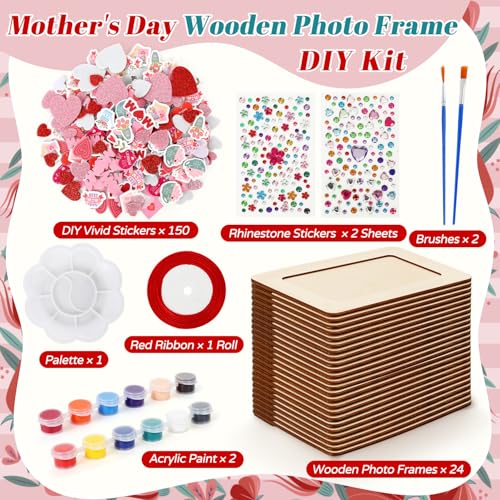 FULJOOY 24 Packs Mother's Day DIY Wooden Picture Frames Painting Craft Kit with Heart Foam Stickers Ribbon Rhinestone Sticker Tools Set Brush Unfinished Picture Photo Frames Decoration for Kids Paint