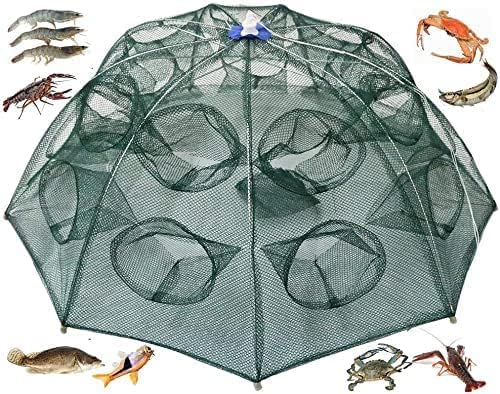 TOVIXY Fishing Net, Fishing Trap Portable Strengthened 16 Holes Automatic Fishing Net Shrimp Cage, Nylon Foldable Crab Fish Trap Cast Net Cast Folding Net. (8 Sides 16 Holes)