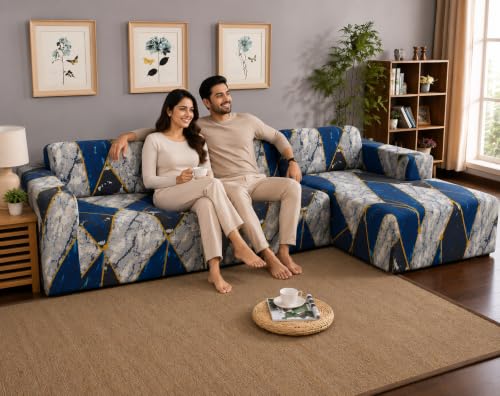 Image of Gifts Island Premium 160GSM Super Soft Colorfull Marble Stretchable Sofa Cover L Shape 6 Seater Fully Covered | Suitable for Both Left and Right Side Chaise Sofa (Colorfull Marble, 3+3 Seater)