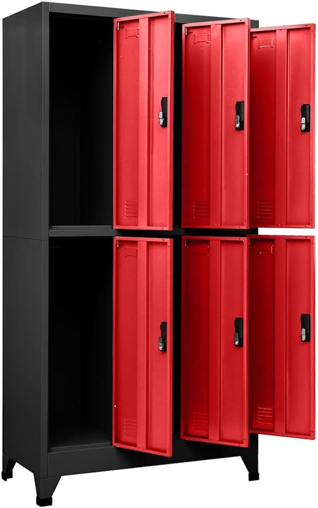 Anthracite and Red Steel Standard Locker Cabinet with Six Compartments, Durable Powder-Coated Steel Construction and Secure Cam Locks for Office Storage Organization