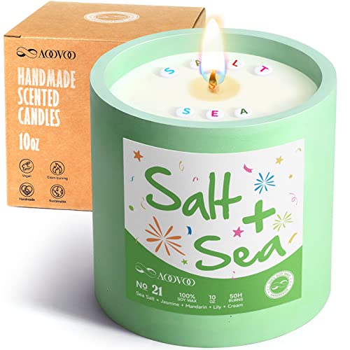 Sea Salt Summer Candles For Stress Relief, Unique Handmade Aromatherapy Candle Gifts For Women, Sea Salt, Jasmine, Cream, Woody Fragrance Candle, 10Oz, Ocean Sea Candle For Relaxing, Meditation #TOP7