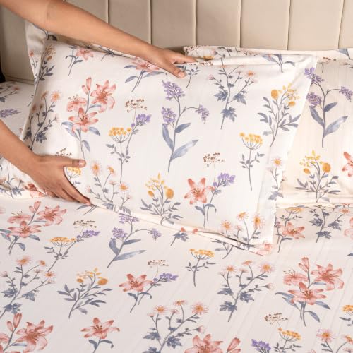 Image of Home Elegance from House of Mytrident | Linen Feel Bed Sheet for Double Bed King Size with Two Pillow Covers | Ultrasoft | Floral 274cm x 250cm | myTrident - Inlet Yellow