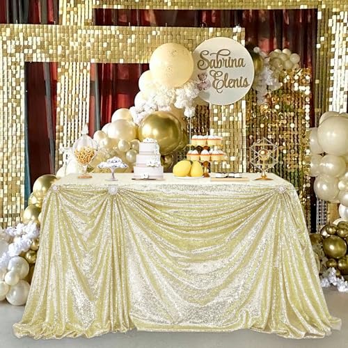 Image of B-COOL Sequin Tablecloth Light Gold Rectangular 90x132 Inches Shimmer Tablecloth Sparkly Table Fabric for Charity Galas Themed Parties Prom