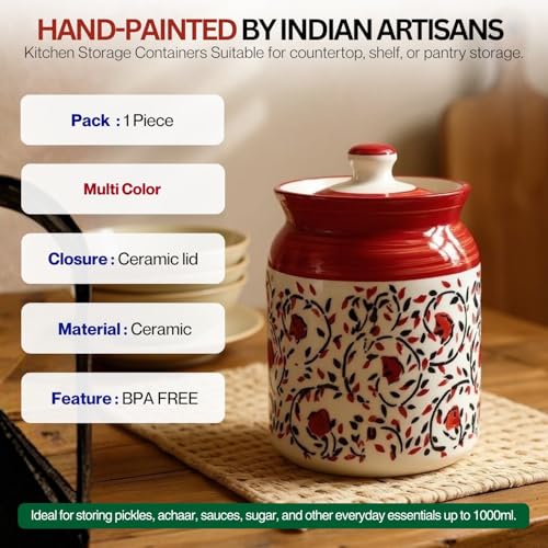 Image of Ceramic Handglazed Pickle Jars Set of 1-1000 ML Each | 1 kg Achaar Martban Barni Jar with Lid | Ceramic Storage Jar Container Pickle, Chatney