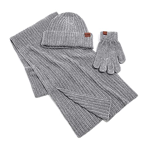 Winter Beanie Hat Scarf Touch Screen Driving Gloves 3 in 1 Set for Men Women Chenille Ribbed Knit Light Grey