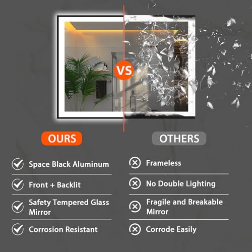 48x40 LED Bathroom Mirror for Wall, Black (Metal, Aluminum) Framed, Front Light and Backlit, 3 Colors and Dimmable Vanity Mirror, Anti-Fog, Shatter-Proof, Memory (Horizontal/Vertical)