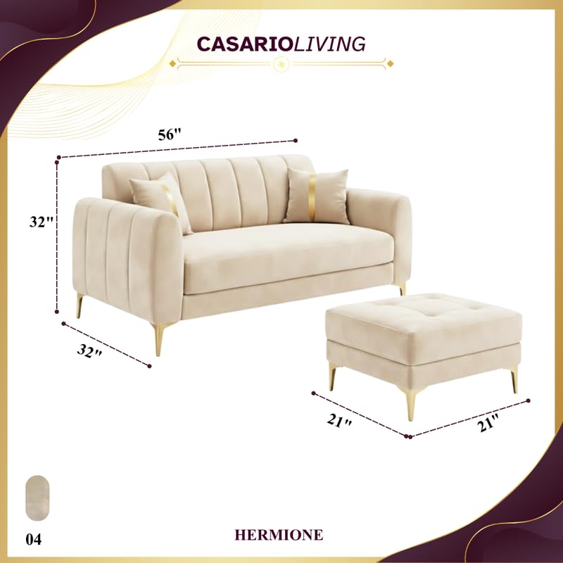 Image of Hermione Luxe Velvet-Suede Fabric 2 Seater Sofa Set with Ottoman | Golden Legs | Comfortable Seating | Modern Sofa for Living Room - Cream