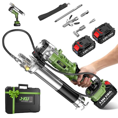 Pompe a Graisse Électrique avec 2 x 4,0 Ah Batteries : 2 en 1 12000 PSI Pistolet à Graisse Sans Fil, Débit 150ml/min, Tuyau Flexible de 1m & Raccord à 90°, Idéal pour l'Entretien de Engins de Chantier