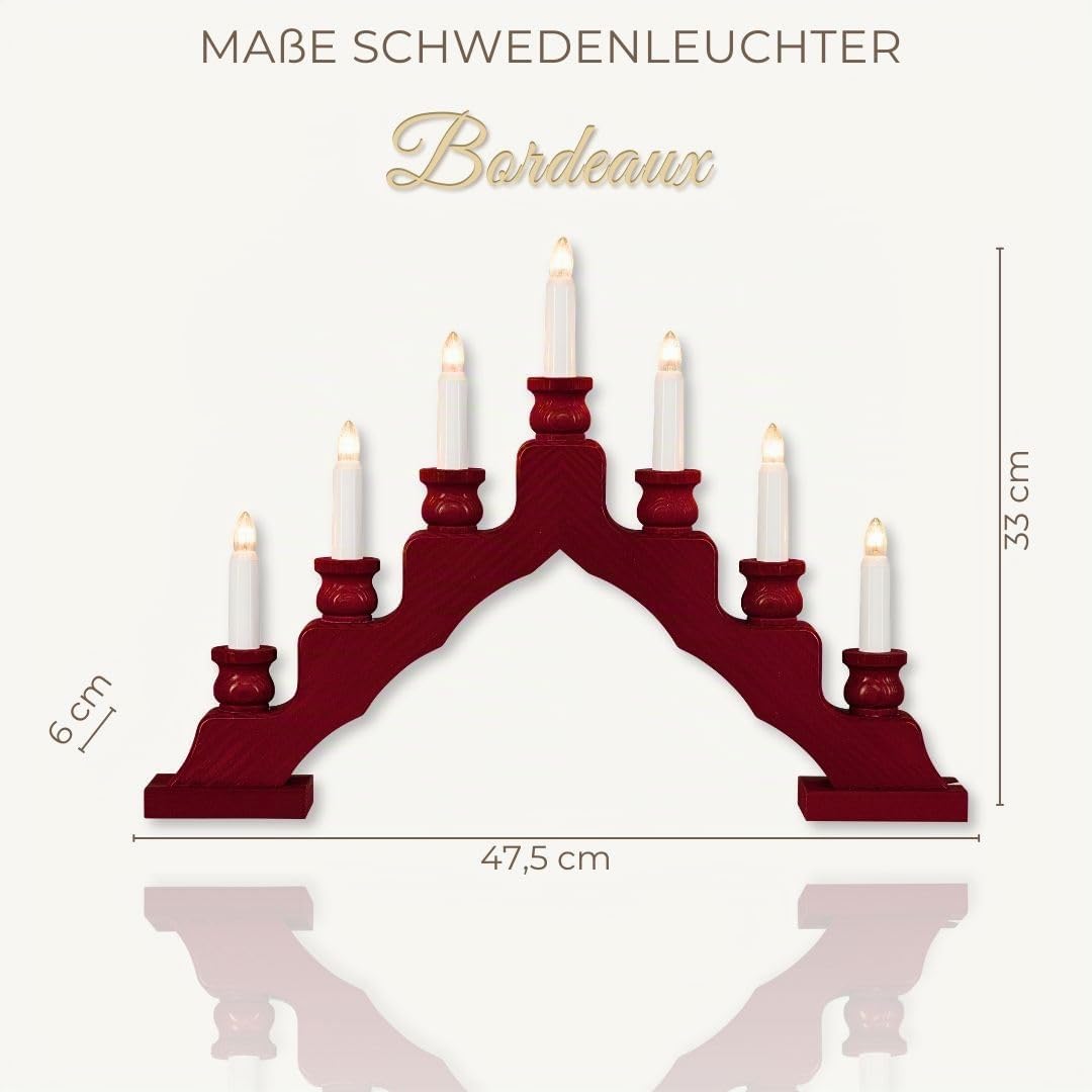 weigla - Schwedenleuchter original Erzgebirge I Trendiger Schwede BORDEAUX I Schwibbogen Weihnachten I 7 Lampenkerzen + 1 Ersatzlampe I 7 x 34 V, 3 W, E10 I Weihnachtsdeko innen I Kiefernholz