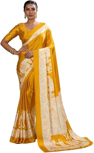 TUSHANA Crepe Modal Silk Ajrakh Kalamkari Saree Beautiful Designer Printed With Blouse Piece