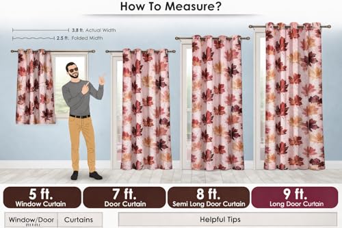 Image of HUTI 5 Feet Maroon Window Curtain Set of 2 | Semi Transparent Leaf Printed Curtain | Light Filtering Polyester | Eyelet Curtains for Living Room & Bedroom 4x5 ft (120 x 150 cm) | Best for Home Decor
