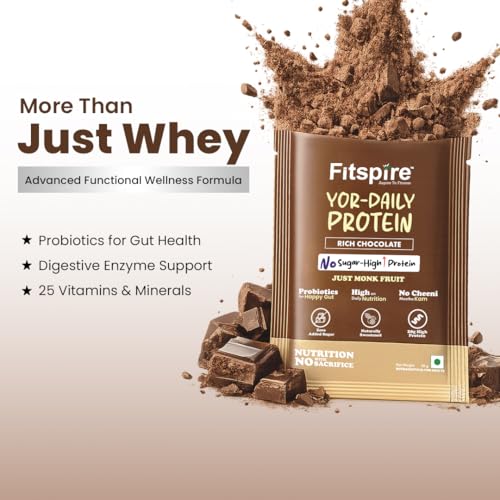 Image of Fitspire YOR Daily Rich Chocolate Protein Powder 50g | 20g Protein with 24+ Vitamins & Probiotics for Daily Wellness | Zero Added Sugar, Monk Fruit Sweetened