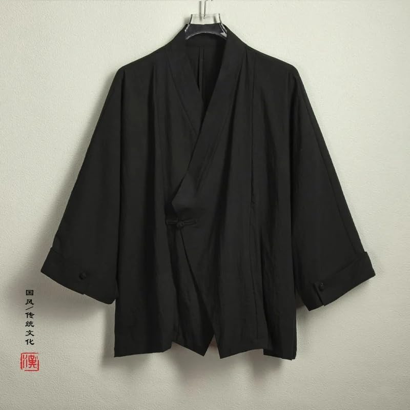 Men's Kimono Shirts Men Solid Color Linen Shirt Casual Open Stitch Shirt Male Kimono Jacket3