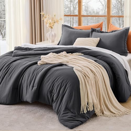 Image of MUXHOMO Oversized King Comforter Set, Lightweight Down Alternative Bed Set | All Season 3 Piece Bedding Set,Ultra Soft Down Alternative,Includes 1 Comforter 120x98 and 2 Pillow Shams 20x36,Dark Grey