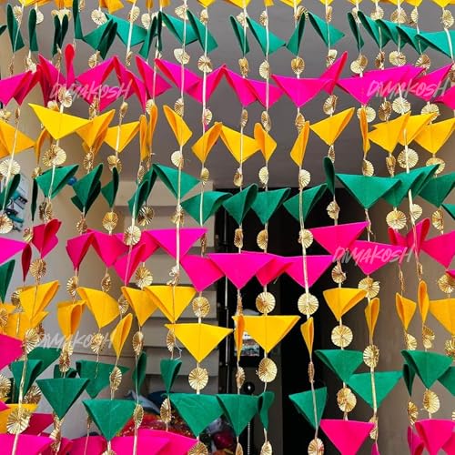 Image of Divyakosh Decorative Triangle 4.5 FT, Pack of 10 Hanging Gotta Tassel Felt Strings for Mehndi, Haldi, Wedding /Backdrops, Color Theme Party, Festivals Decoration