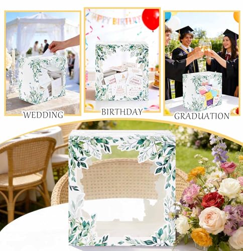 Image of SietDESEO Greenery Floral Card Box for Party with Clear Window Large Gift Card Box Holder for Wedding Reception Birthday Baby Shower Bride Shower Raffle Ticket Box