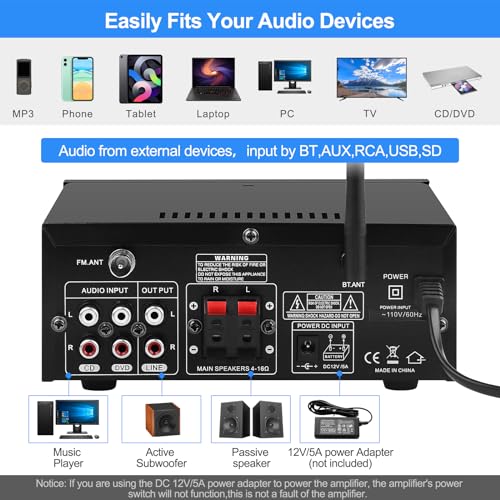 image for ARRAROWN Audio Amplifier for Home,KS-33BT 2-Channel Bluetooth 5.0 HiFi