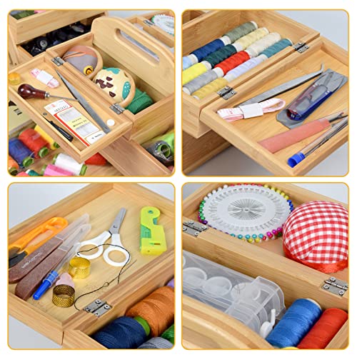Adolfo Design Wooden Sewing Box Organizer for Sewing Supplies,Sewing Crafting Hobby Storage Box, 3 Tier Drawers for Craft Tools, Needles Assorted
